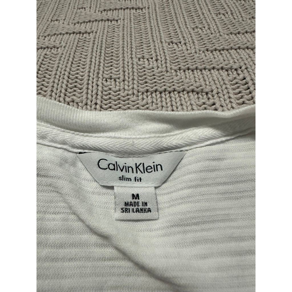Calvin Klein Calvin Klein white monotone striped vneck slim fit tee Size US M / EU 48-50 / 2 - 4 Thumbnail