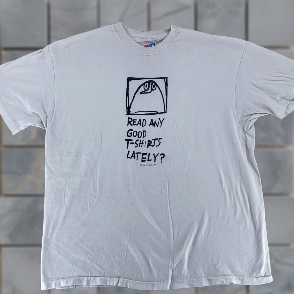 Hanes VINTAGE Read Any Good T-Shirts Lately? Shirt Mens XL Art SR Studio Funny Joke T-Shirt Mens XL White Graphic Print 90s SR Studio Mens Clothing Size US XL / EU 56 / 4 - 1 Thumbnail