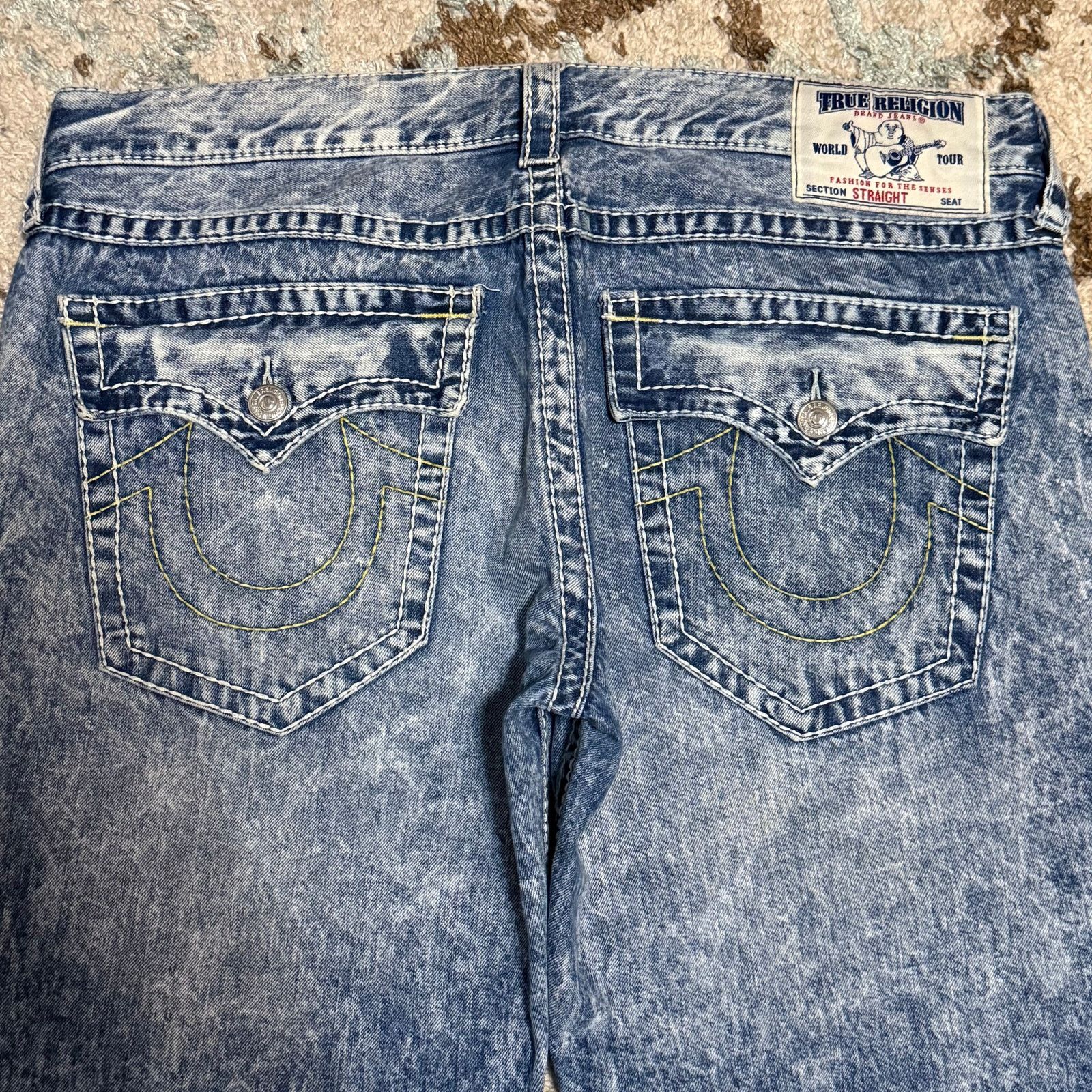 True Religion Acid Wash Straight Flap Pocket Jeans Size 38