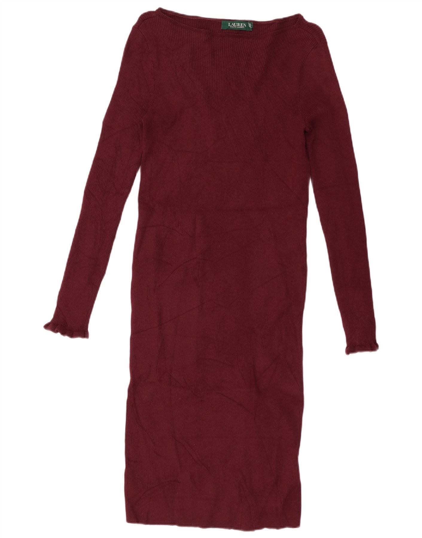 Ralph Lauren Womens Long Sleeve Bodycon Dress UK 8 Small Maroon Cotton Size XXS / US 00 / IT 34 - 1 Thumbnail