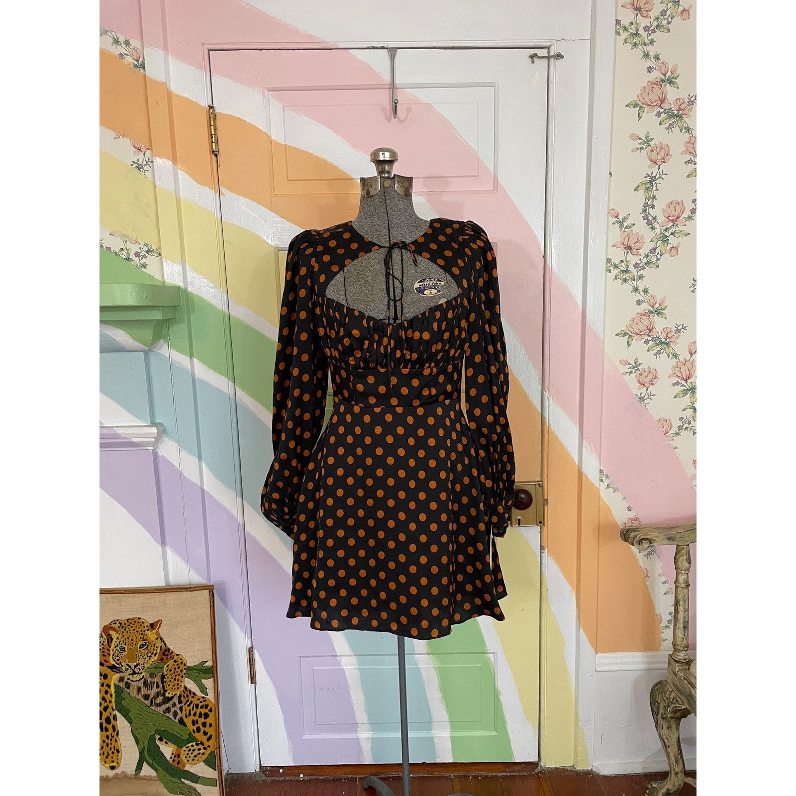 For Love & Lemons Lark Black Gold Polka Dot Mini Dress S