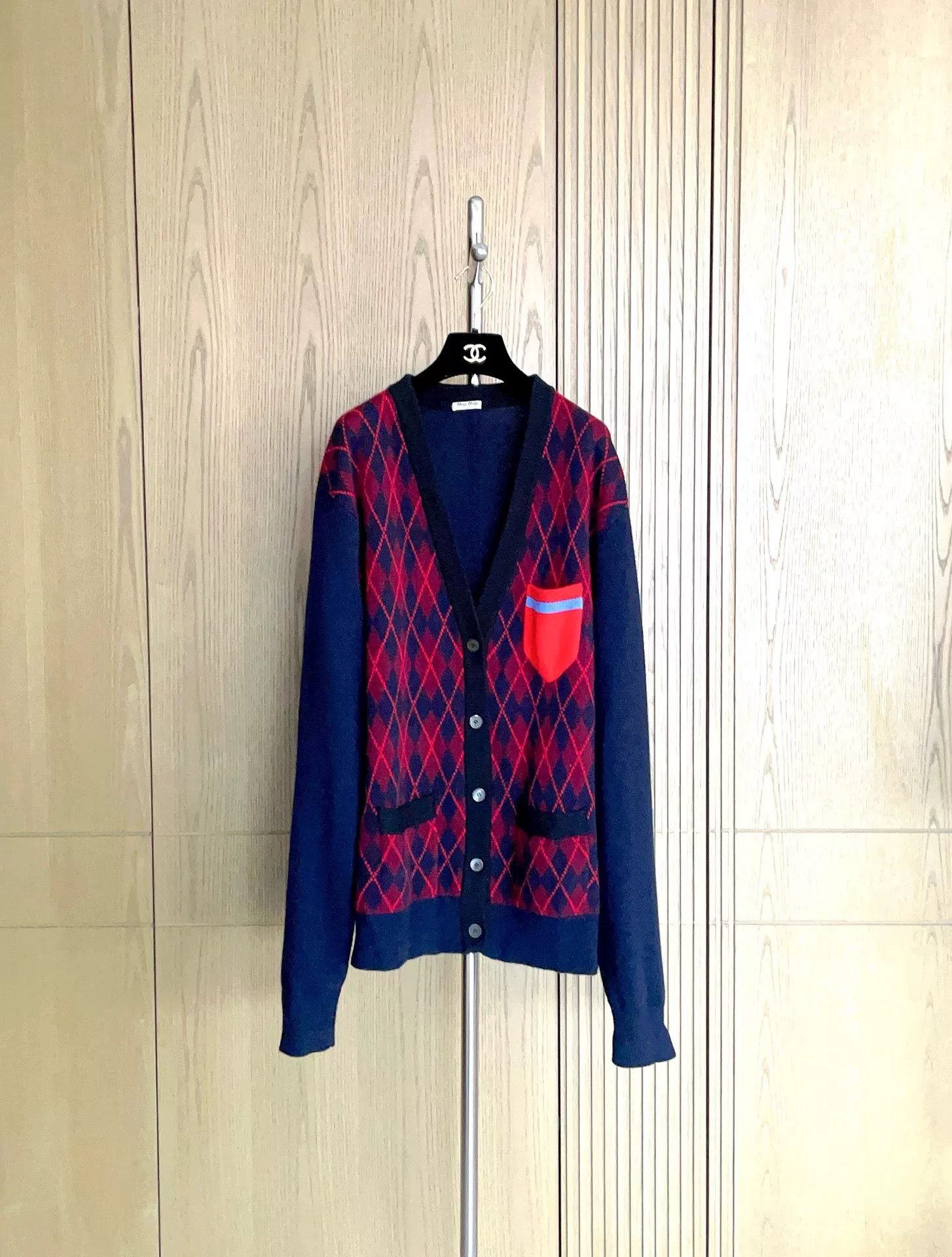 Miu Miu Miu Miu Red Argyle Colorblock Mid-Length Cardigan Size S / US 4 / IT 40 - 1 Thumbnail