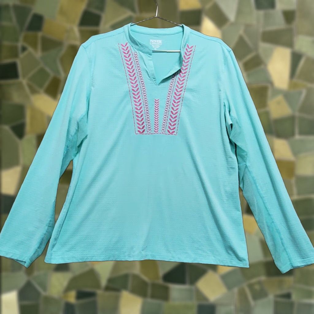 AQUA Dover Saddlery Coolblast Women's XL Blue Long Sleeve V-Neck Embroidered Nylon Blouse Size XL / US 12-14 / IT 48-50 - 1 Thumbnail