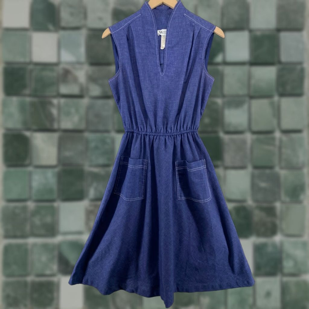 VINTAGE Walden Classics Dress 12 Secretary Chambray Midi Fit & Flare Blue 60s 70s VTG
