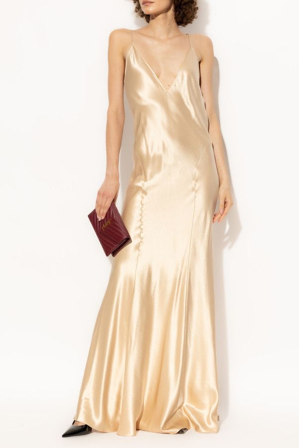 Saint Laurent Paris o1bcso1str1125 V-Neck Dress in Silk Satin in Beige Size XS / US 0-2 / IT 36-38 - 2 Thumbnail