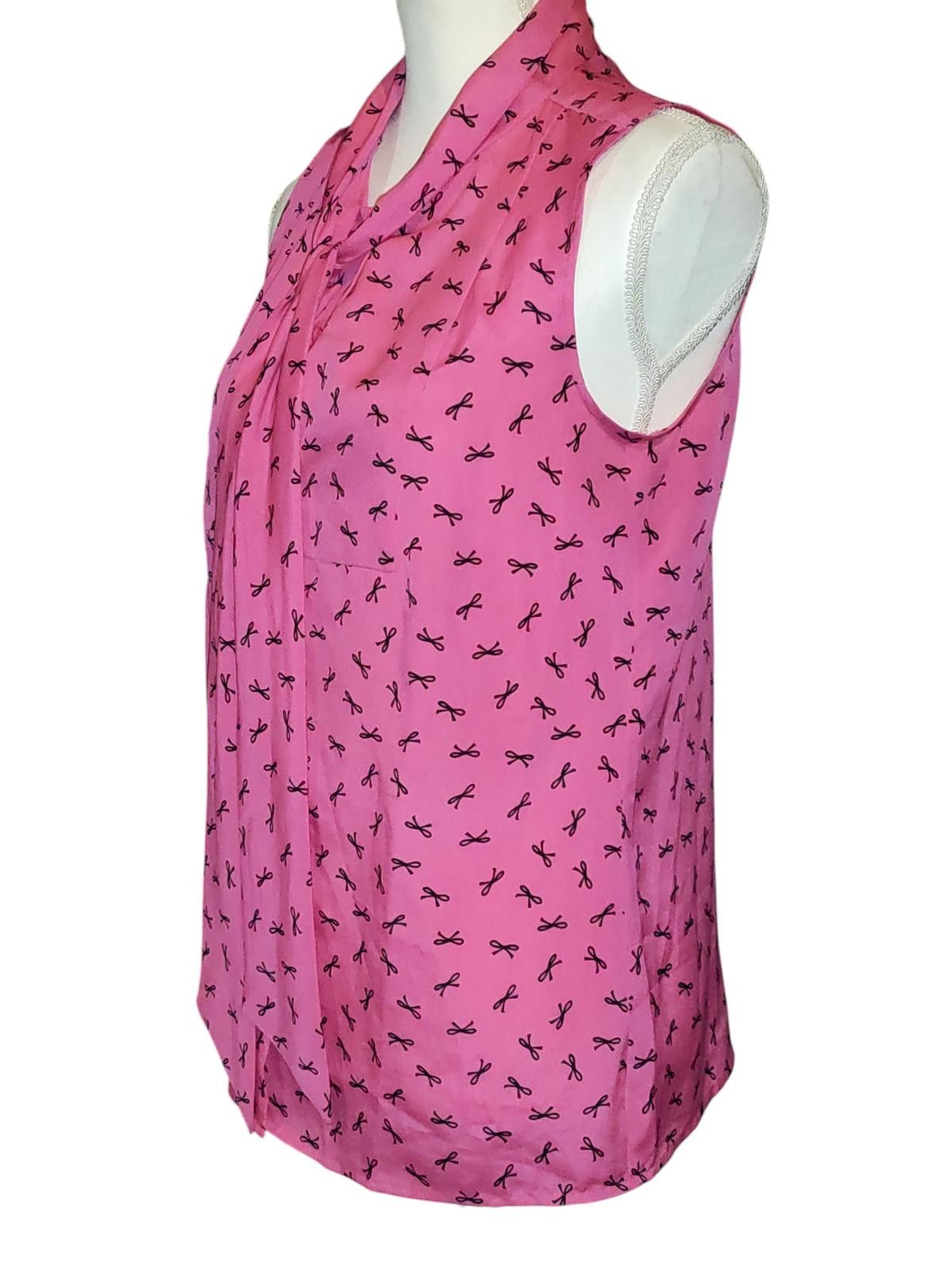Designer LOFT Pink Sleeveless Bow Tie Neck Blouse w Black Bow Print Size S / US 4 / IT 40 - 5 Thumbnail