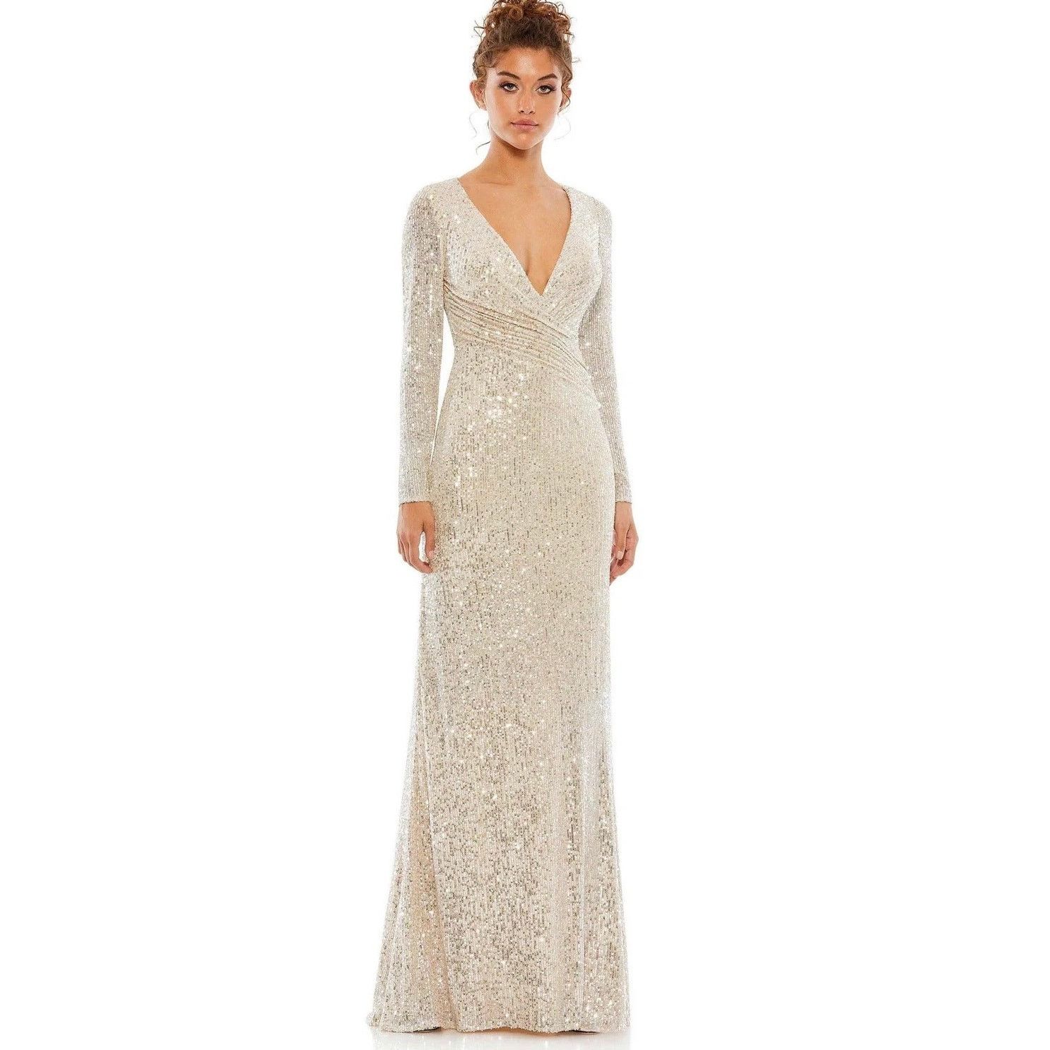 Mac Duggal Mac Duggal Silver Sequin Ruched Long Sleeve Column Gown US 4 Size S / US 4 / IT 40 - 1 Thumbnail
