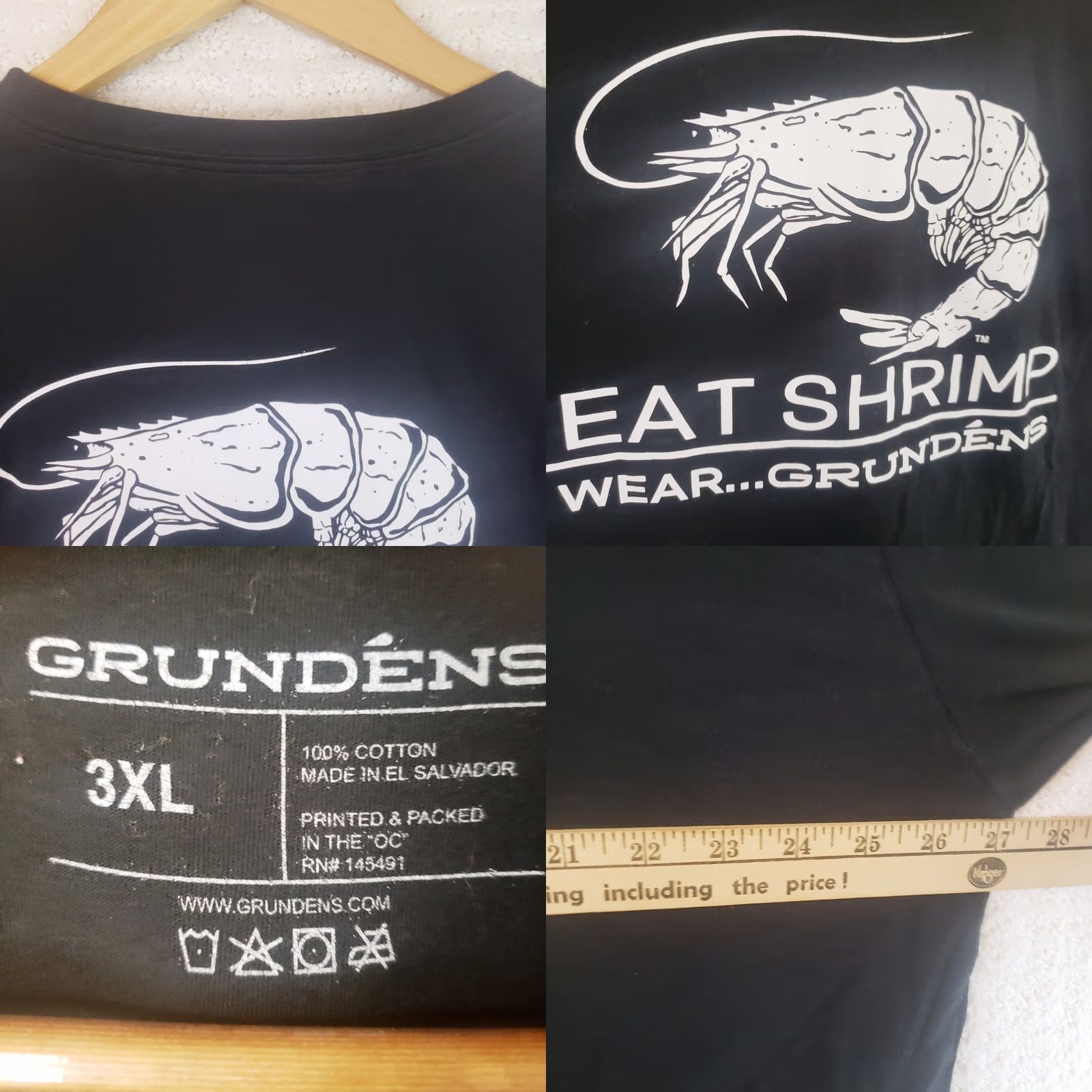 Shrimps Gruden's Short Sleeve T-Shirt Tee 3XL Black Shrimp Graphic Front & Back Mens Shirt Vintage No Size US XXL / EU 58 / 5 - 8 Thumbnail