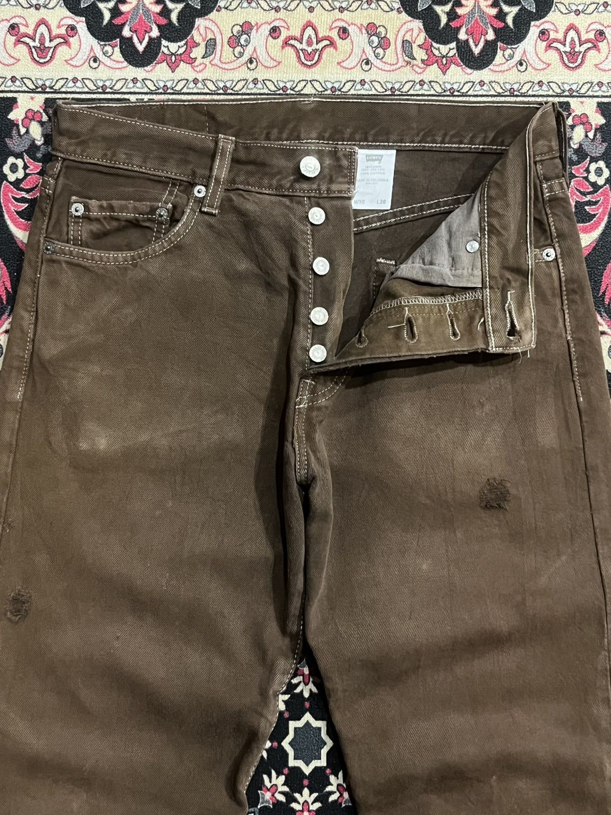 Levi's ⚡️Vintage⚡️Y2K Levis 501 Buttonfly Brown Wash Distressed Jeans Size US 30 / EU 46 - 5 Thumbnail