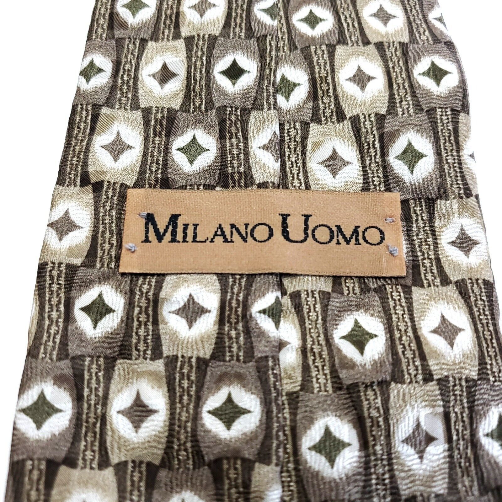 Designer Milano Uomo Beige Tan Print Geometric Wide Silk Tie Size ONE SIZE - 3 Thumbnail