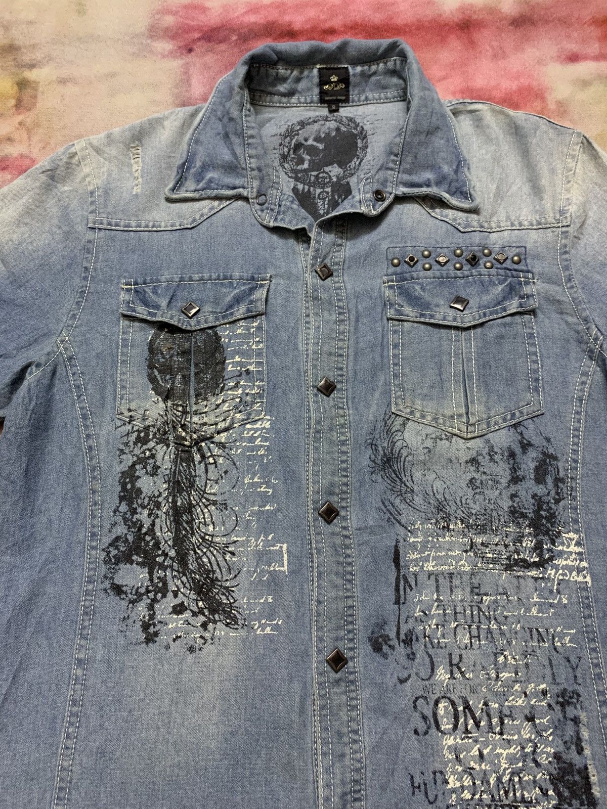 semanticdesign 2000’s Semantic - Tribal Poem Punk Grunge Chambray Shirt Size US S / EU 44-46 / 1 - 1 Thumbnail