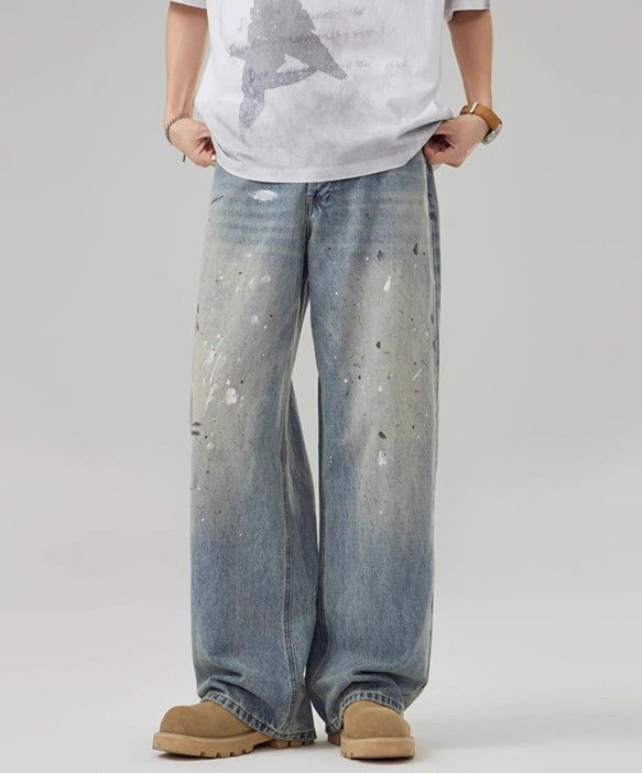 Vintage American ink-splatter wash men's street wide-leg baggy jeans Size US 32 / EU 48 - 2 Thumbnail