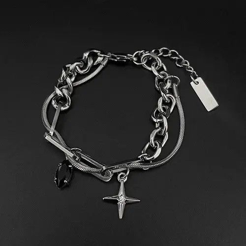 Jewelry Silver Chain Bracelet with Cross and Black Gem Charms Size ONE SIZE - 4 Thumbnail