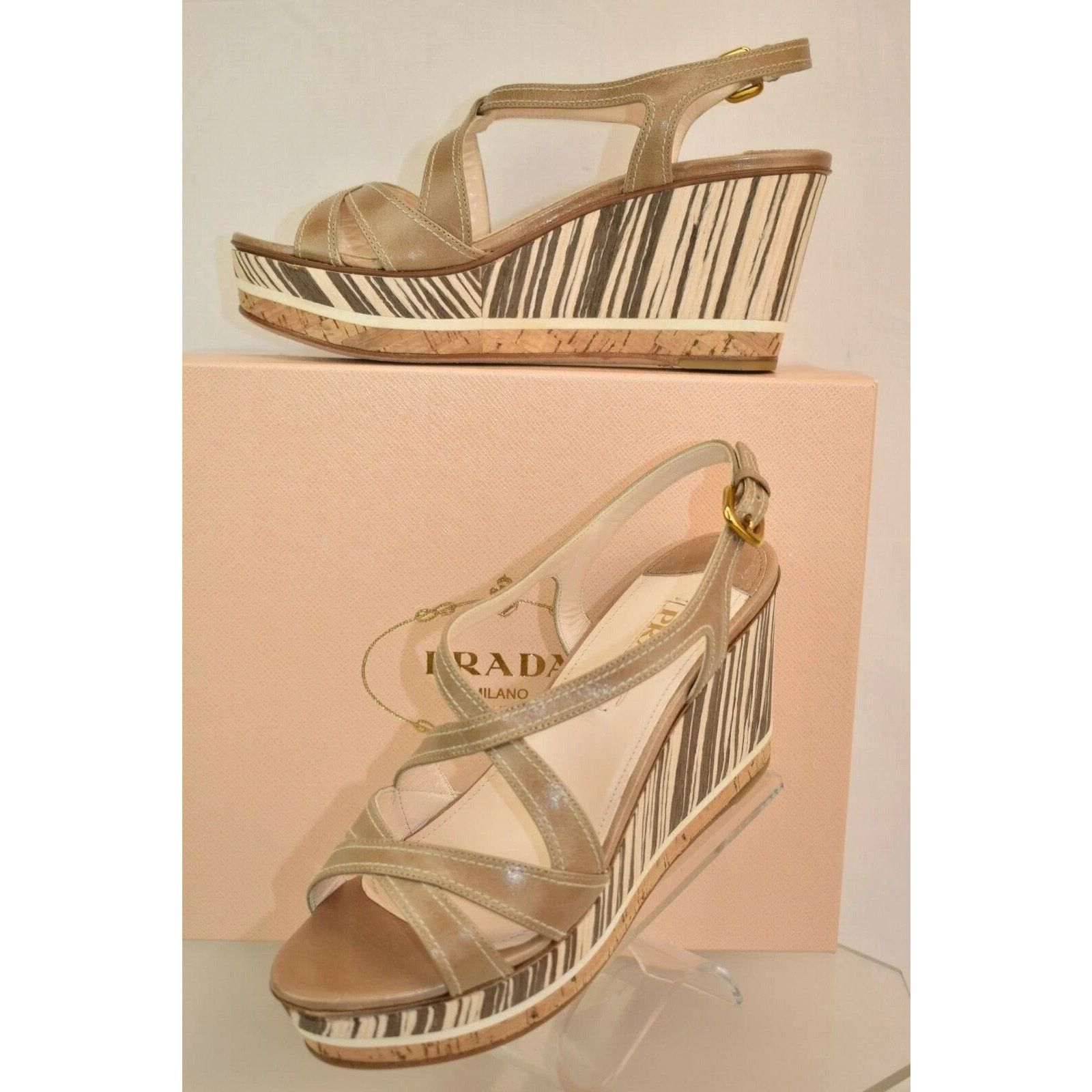 Prada PRADA 1XZ BEIGE BROWN LEATHER WEDGE PLATFORM SANDALS 40.5 IT Size US 10.5 / IT 40.5 - 2 Thumbnail