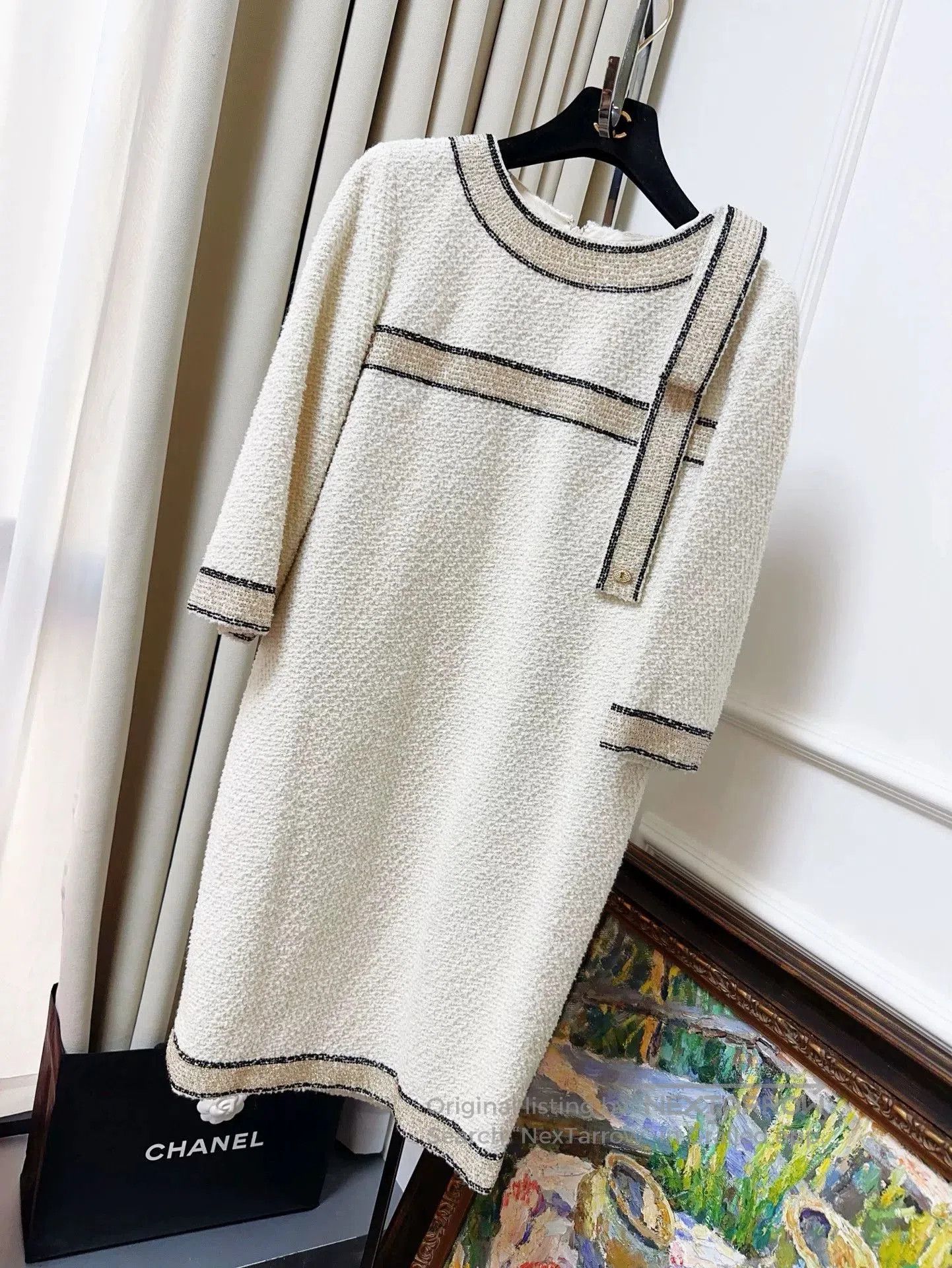 Chanel beige bow tie woven dress. Size US 36 / EU 52 - 1 Thumbnail