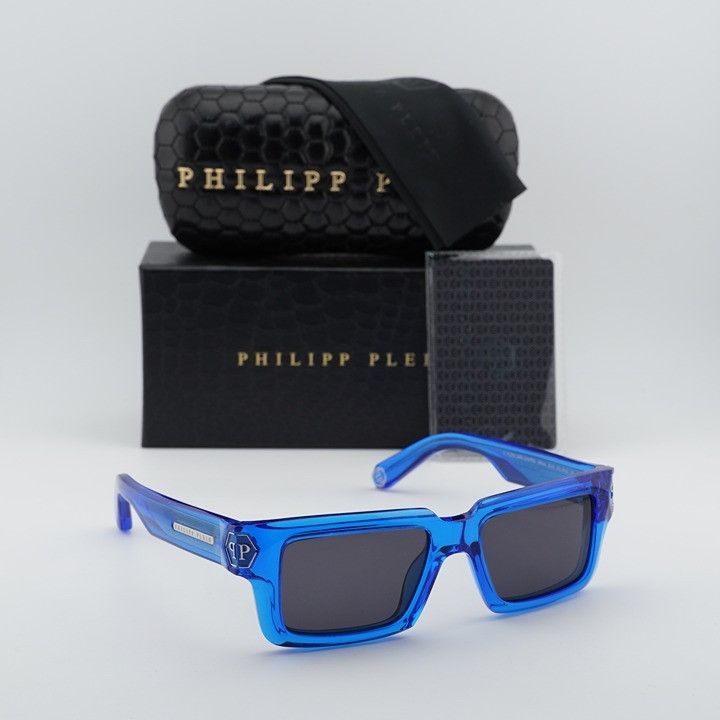 Philipp Plein Philipp Plein SPP044M 0AGQ Sunglasses Blue Rectangle Frame Size ONE SIZE - 11 Thumbnail