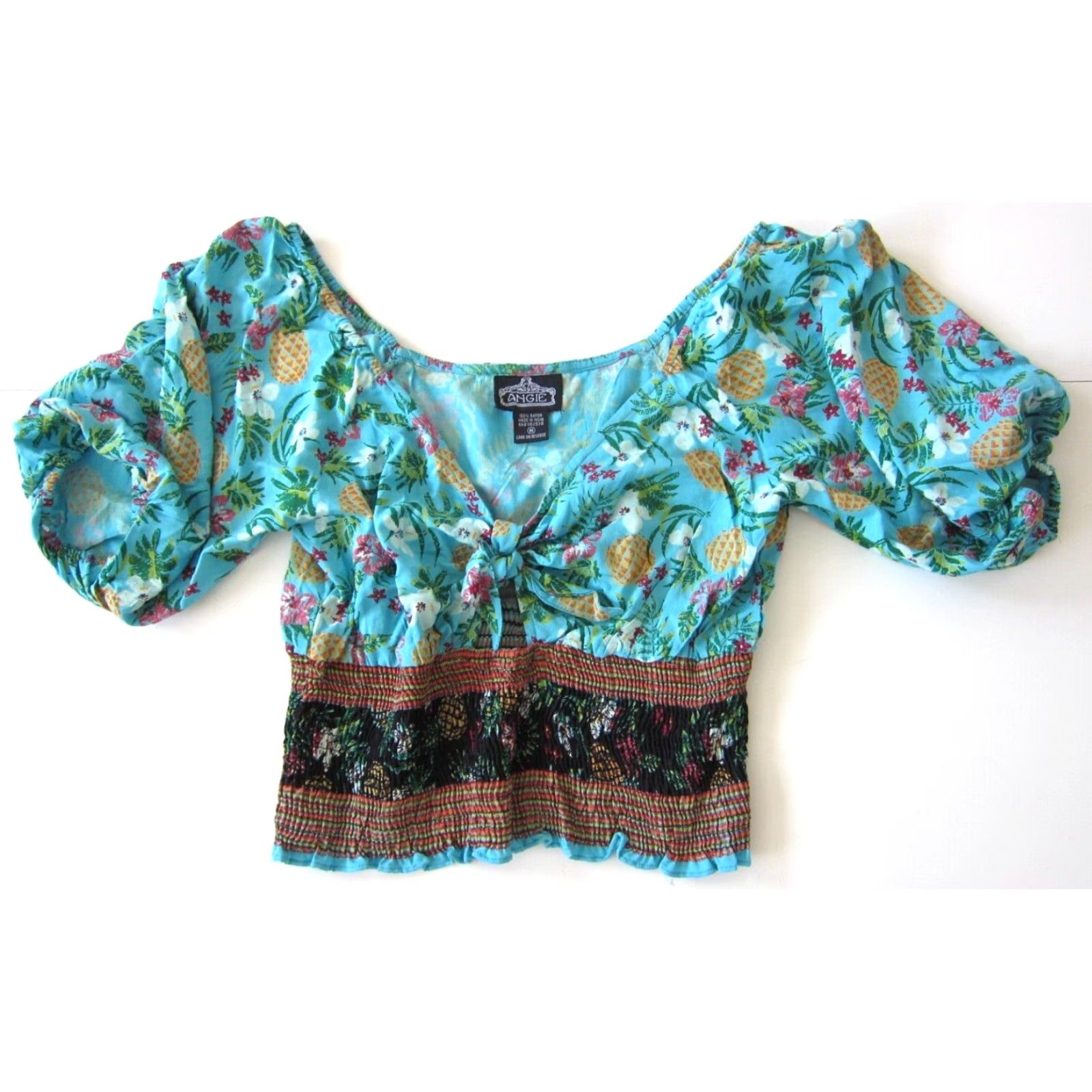 Vintage Angie Blouse Shirt Womens V-Neck Puff Sleeve Crop Peasant 100% Rayon Blue Green Pink Medium Size M / US 6-8 / IT 42-44 - 6 Thumbnail