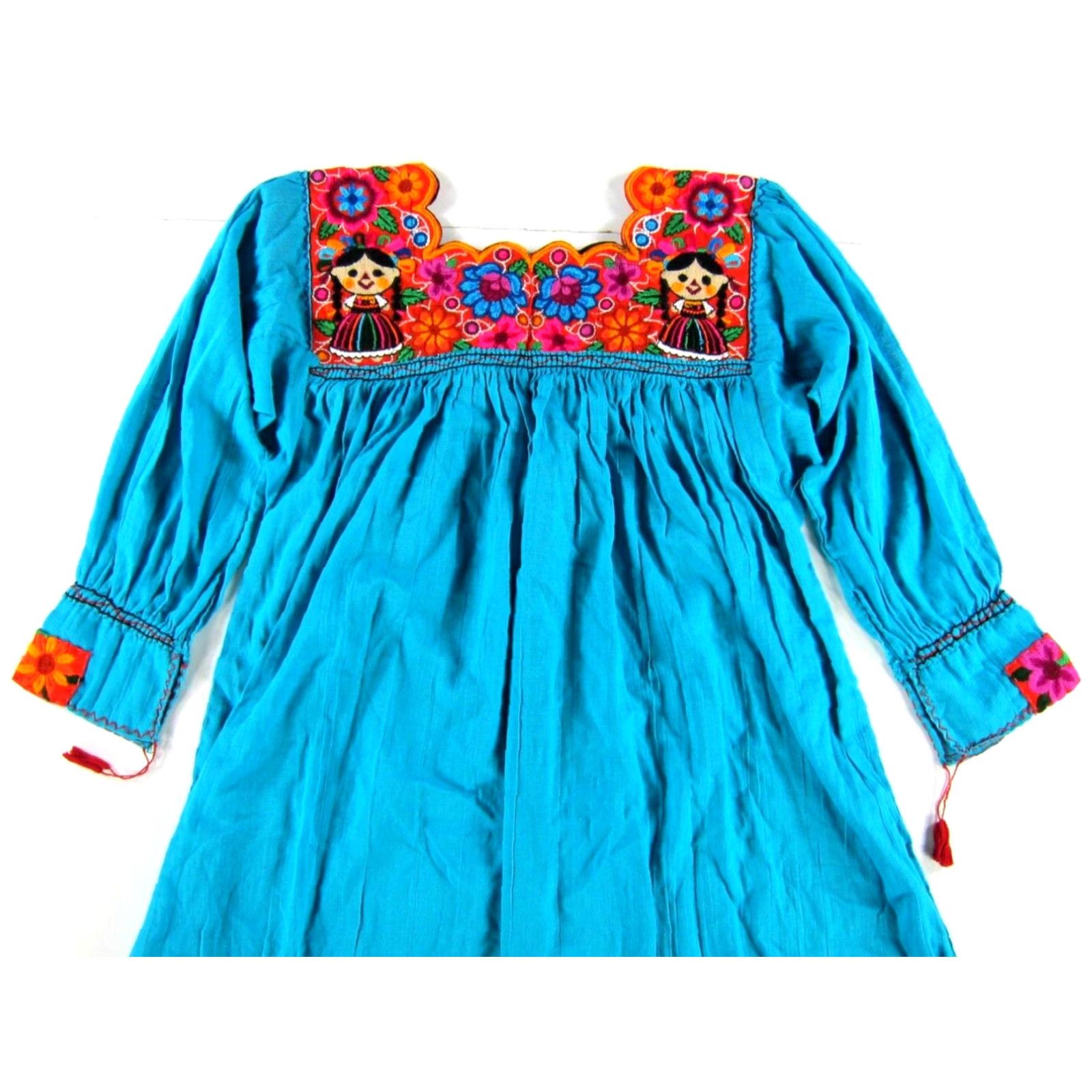 Altea VINTAGE Handmade 100% Cotton Teal Blue Embroidered Floral Ethnic Smock Dress S-M Size S / US 4 / IT 40 - 4 Thumbnail
