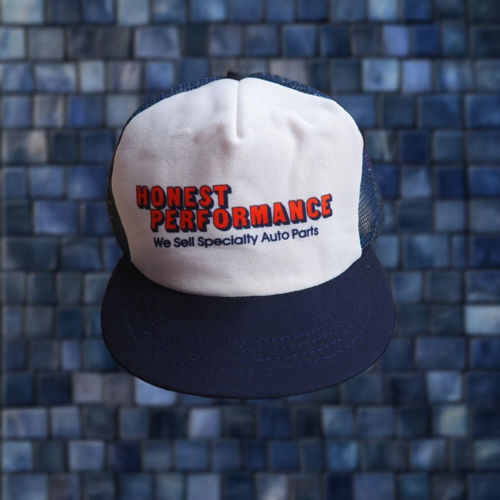 Vintage VTG 80s Honest Performance Auto Joke Car Blue White Trucker Snapback Hat Cap Adjustable Vintage Cap Mens Womens Size ONE SIZE - 1 Thumbnail