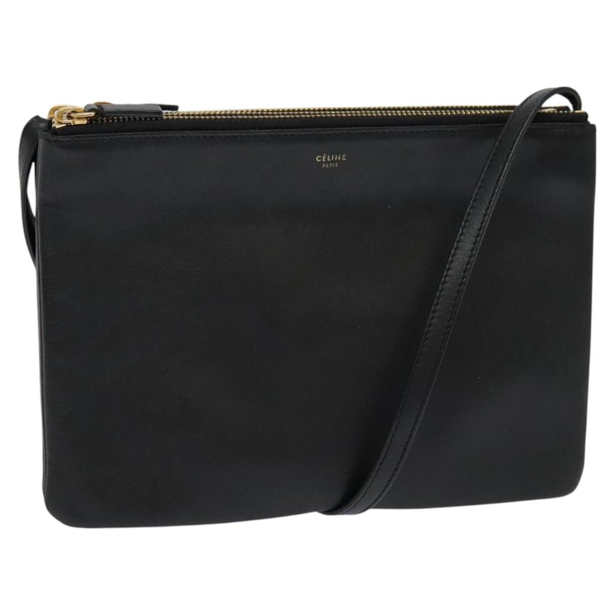 Celine Trio Shoulder Bag Leather Black Gold Auth Mr1308, Women's