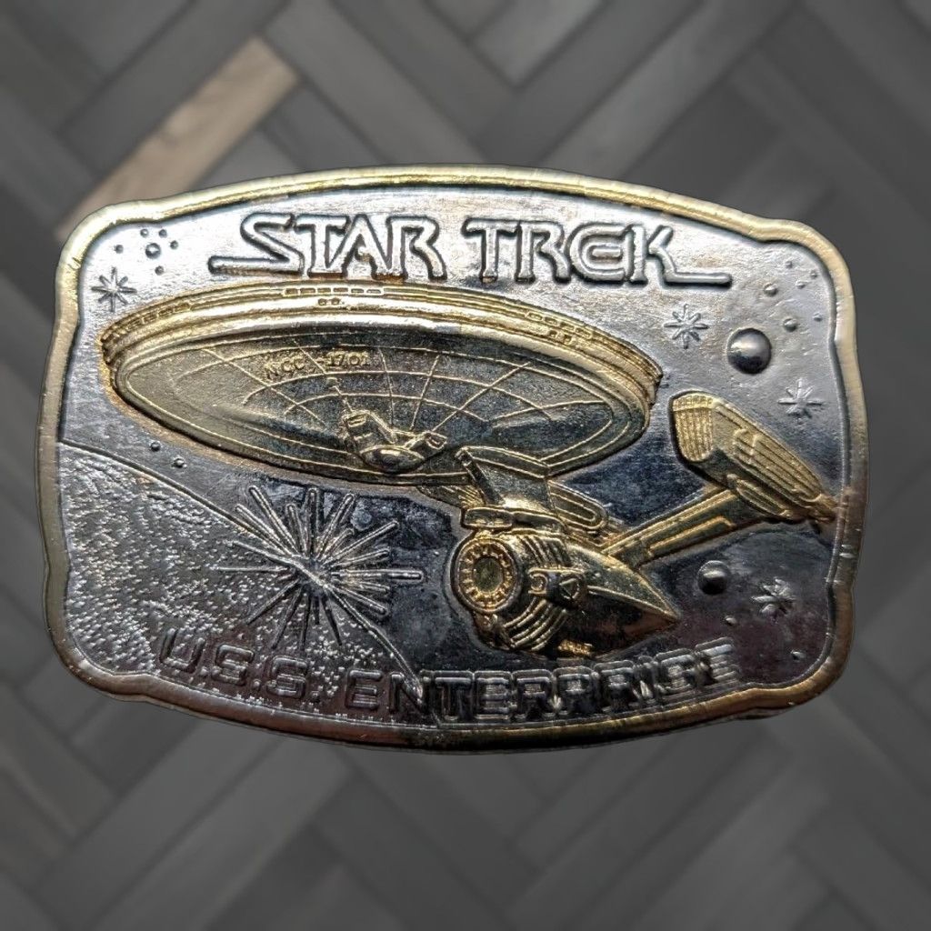 Vintage VINTAGE STAR TREK belt buckle 24KT gold USS ENTERPRISE silver WESTERN Men Belt Buckle XS? Size ONE SIZE - 1 Thumbnail