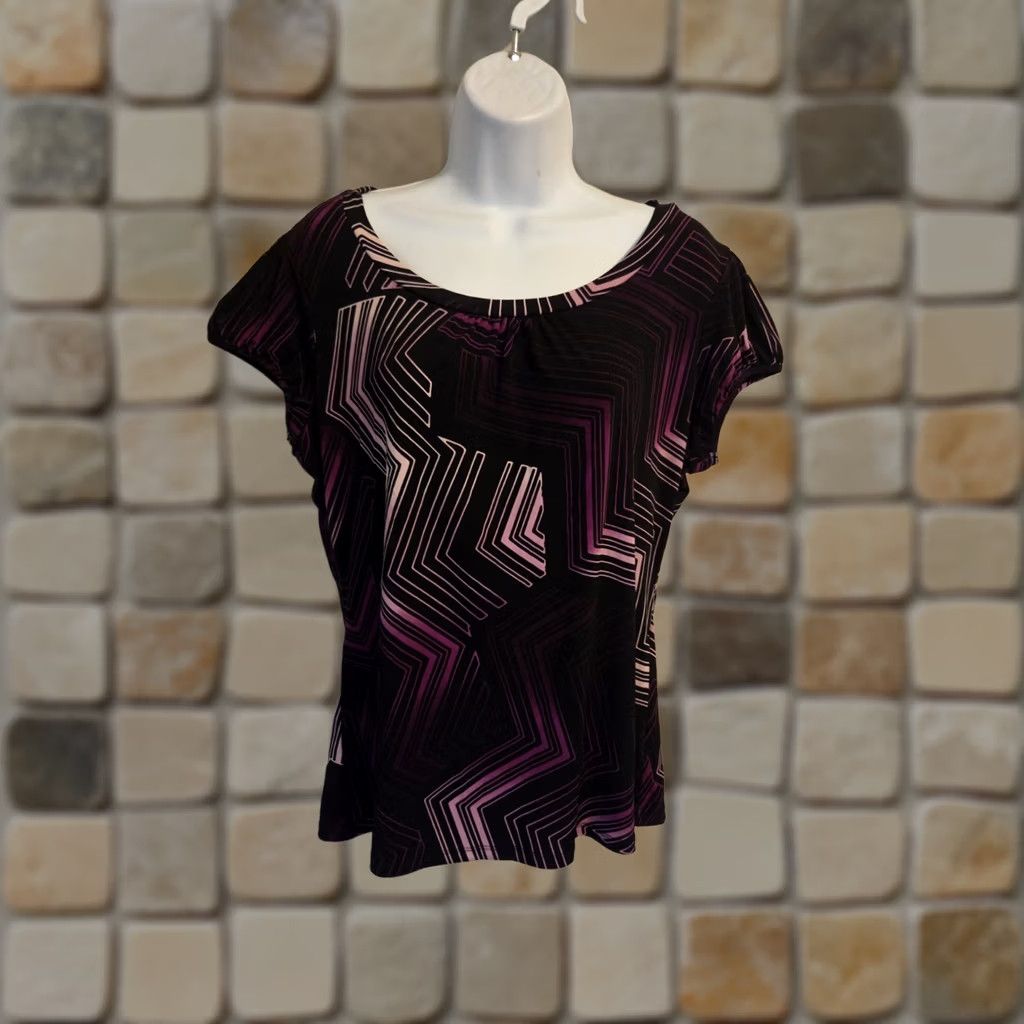 Worthington Worthington Top Womens L Purple Black Geometric Zigzag Print Cap Sleeve Size L / US 10 / IT 46 - 1 Thumbnail