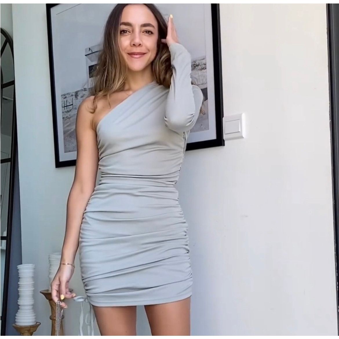 Zara ZARA ASYMMETRICAL DRESS WITH RUCHING LIGHT GREEN Size L / US 10 / IT 46 - 5 Thumbnail