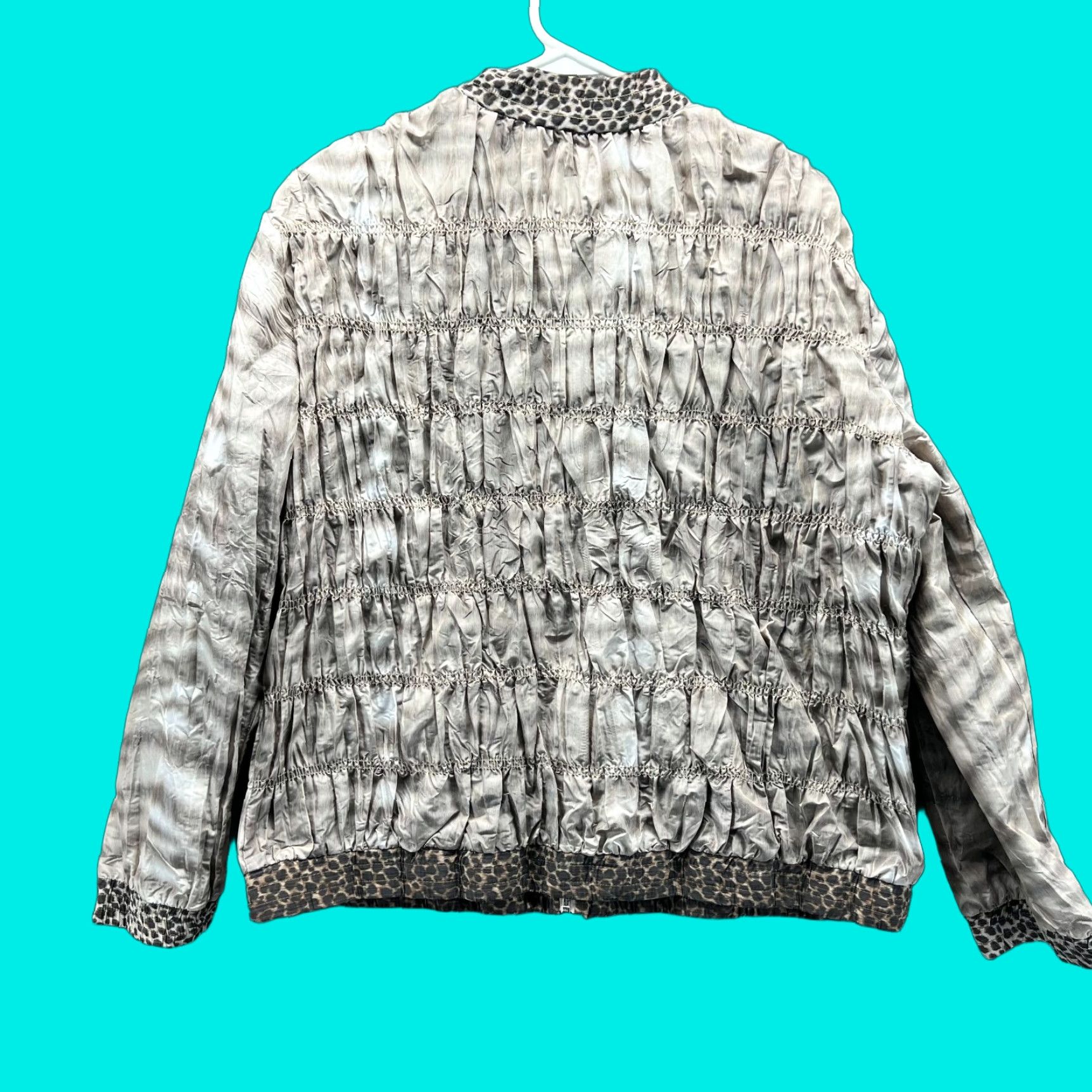 Vintage Chicos Jacket Womens Large Brown Ruched Zip Front Leopard Print Trim Bomber Size L / US 10 / IT 46 - 1 Thumbnail