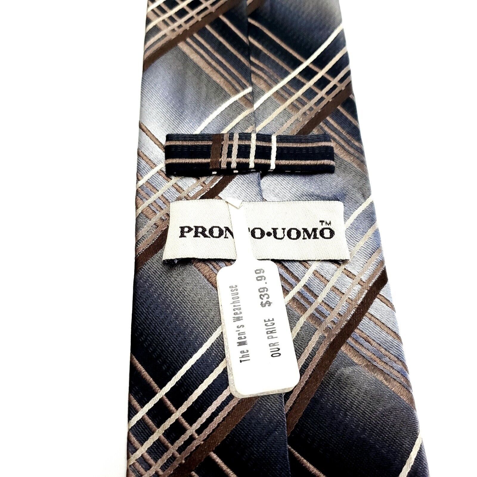 Pronto Uomo Pronto Uomo Silk Tie Woven Silver Brown Plaid Size ONE SIZE - 3 Thumbnail