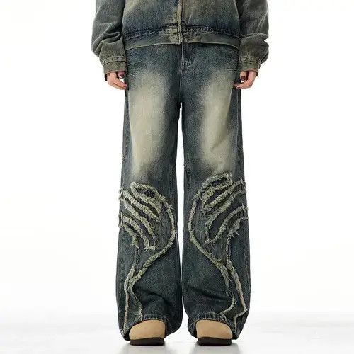 Jean Vintage Blue Graphic Splicing Baggy Jeans Size US 33 - 2 Thumbnail