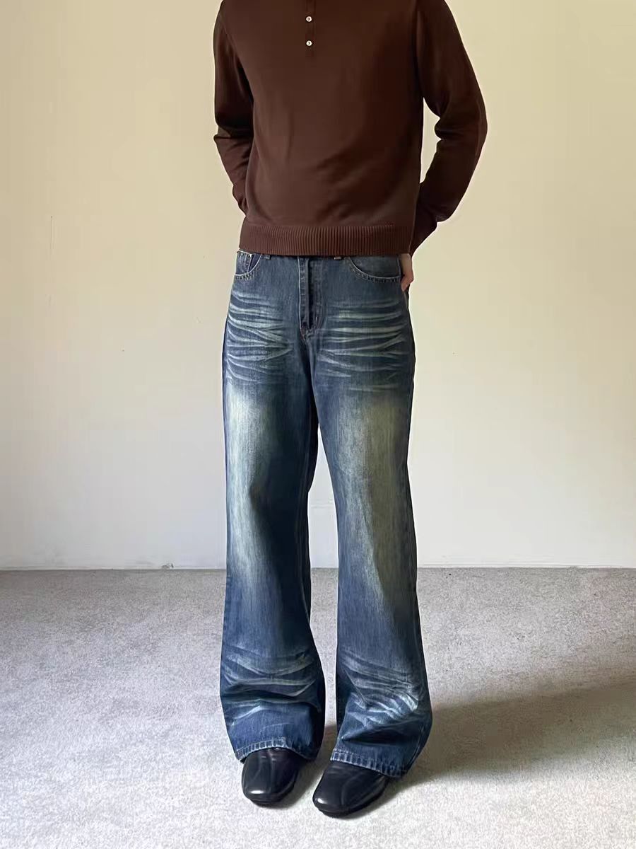 Jean Blue Water Wave Cat-Whisker Loose-Fit Jeans Size US 34 / EU 50 - 4 Thumbnail