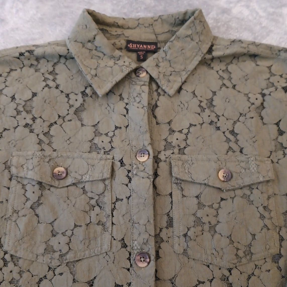 Vintage Shyanne Shirt Womens S Green Floral Lace Long Sleeve Button Up Fringe Size S / US 4 / IT 40 - 3 Thumbnail