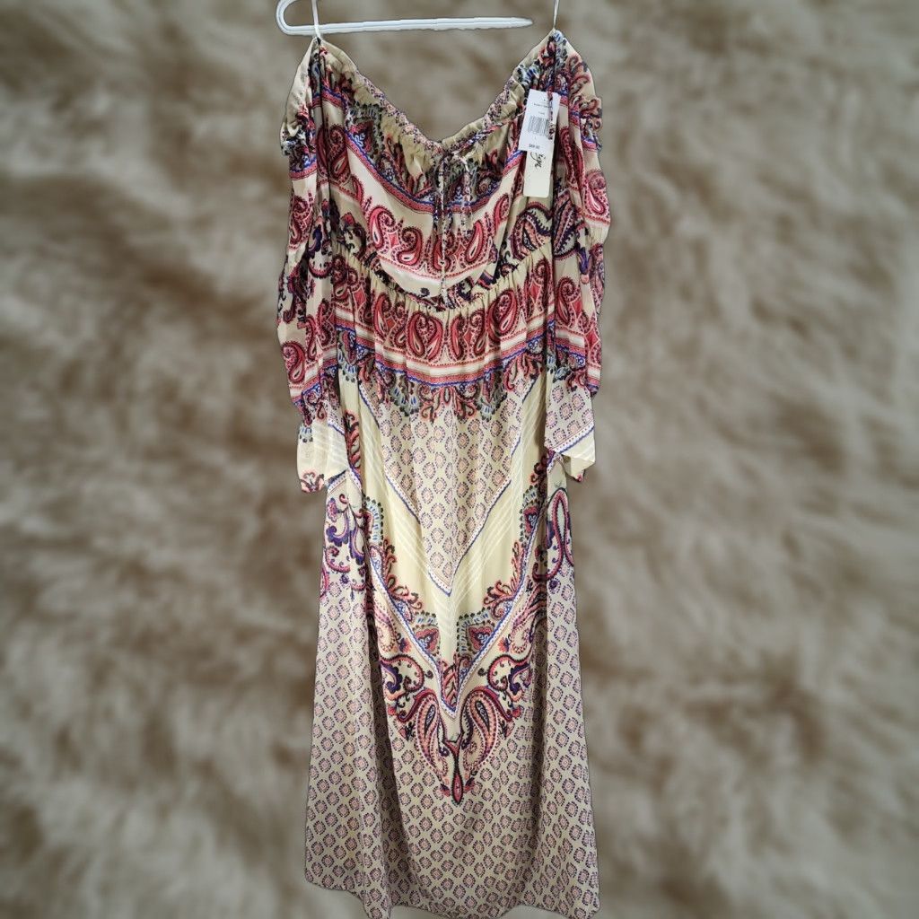 Vintage Love Reign Off the Shoulder Long Flare Ruffle Dress Beige Red Paisley Floral L NWT Lip? No—keep words exact. Size L / US 10 / IT 46 - 1 Thumbnail