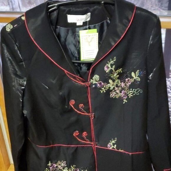 Japanese Brand BAIFU Mandarin Style Colorful Floral Embroidered Sz XXL Blac Size XXL / US 16-18 / IT 52-54 - 3 Thumbnail