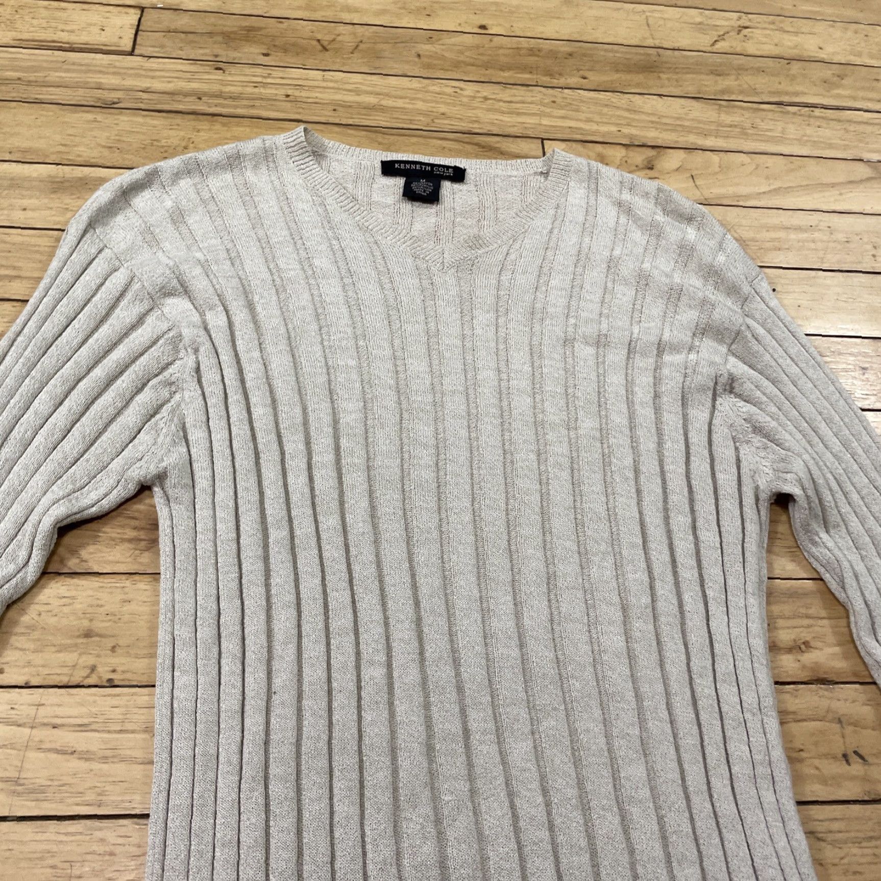 Kenneth Cole VINTAGE Kenneth Cole NY Ribbed Stretch Sweater Women M Tan Brown Minimal Western Vneck Shirt Size M / US 6-8 / IT 42-44 - 3 Thumbnail