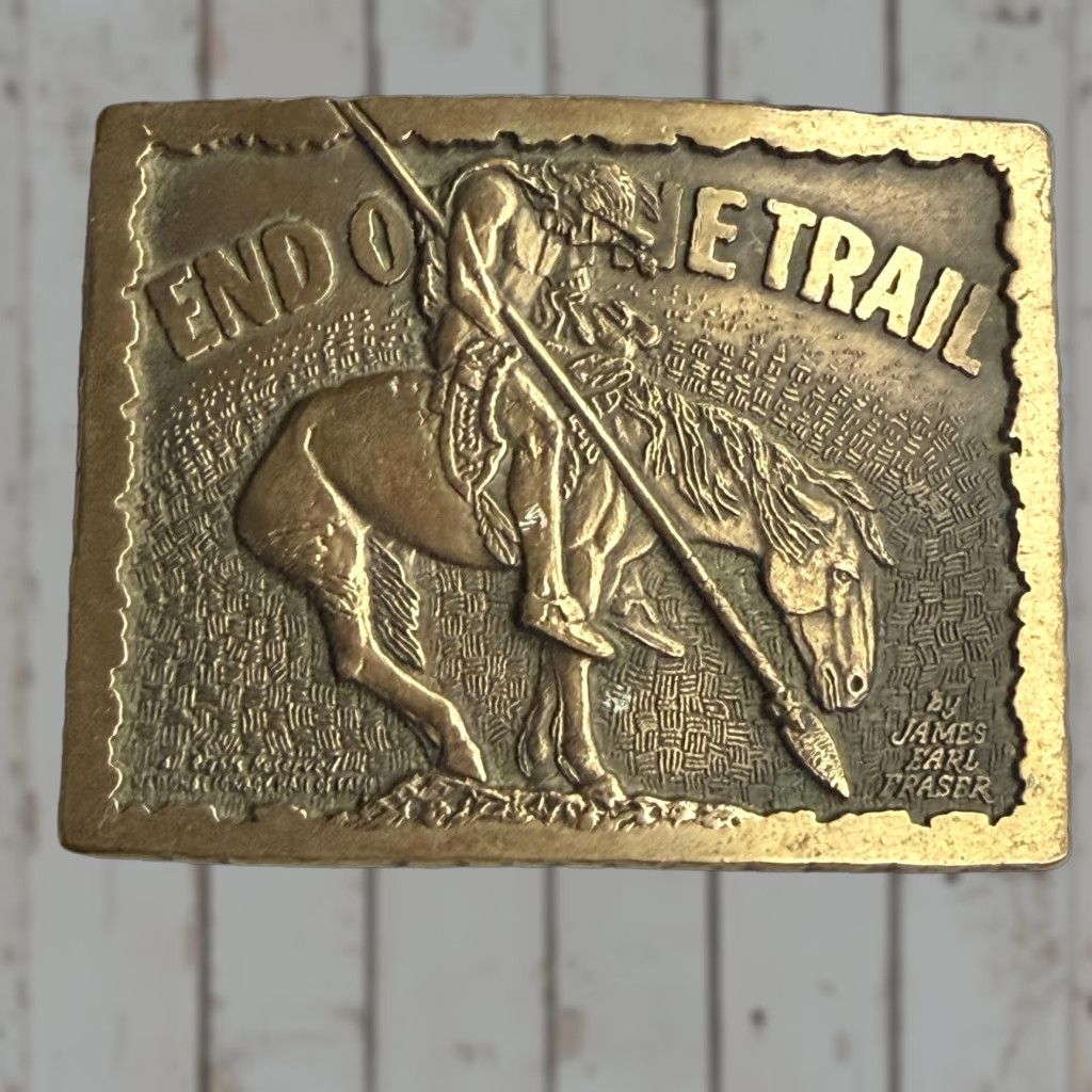 Vintage Vintage Award Design Medals Belt Buckle Mens Brass End of the Trail Fraser 70s Size ONE SIZE - 1 Thumbnail