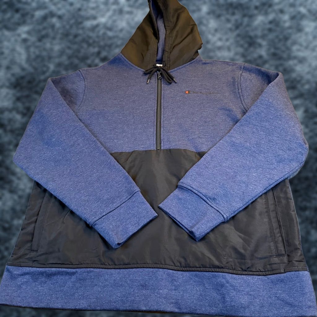 Champion Champion Hoodie Pullover Men XL Blue Black Zip Hooded Pockets Sports Fleece Cotton Blend Logo Zipper 1/2 Zip Autumn Winter Spring Men Size US XL / EU 56 / 4 - 1 Thumbnail