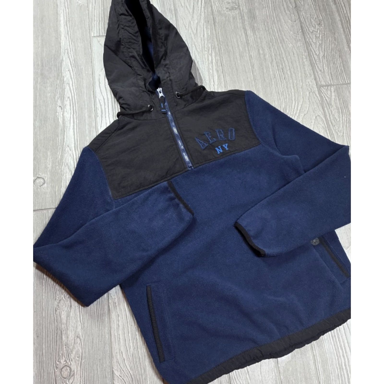 Aeropostale AeroPostale XS Blue Black Fleece Hooded 1/4 Pullover Mens Shirt Jacket Hoodie Size US XS / EU 42 / 0 - 2 Thumbnail
