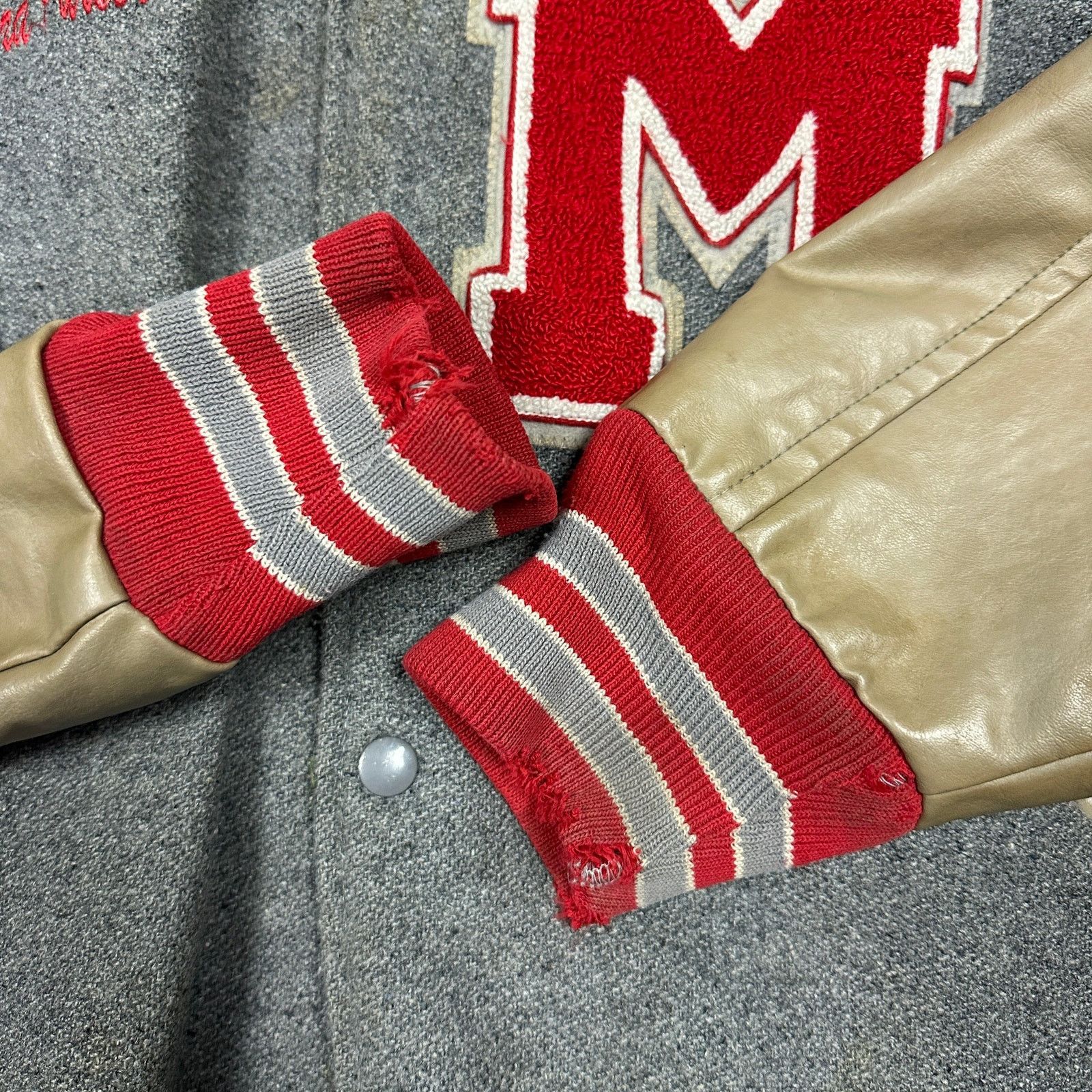 80s Gray Red Tan Indian Head Letterman Varsity Jacket XL X35