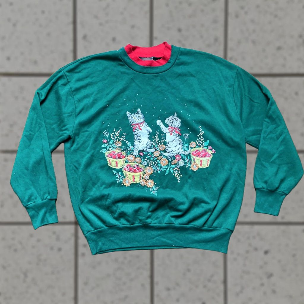 Basic Editions VINTAGE Basic Editions Cat Sweatshirt Shirt Women Small Green 90s Cottage Core Collared Long Sleeve Size S / US 4 / IT 40 - 1 Thumbnail