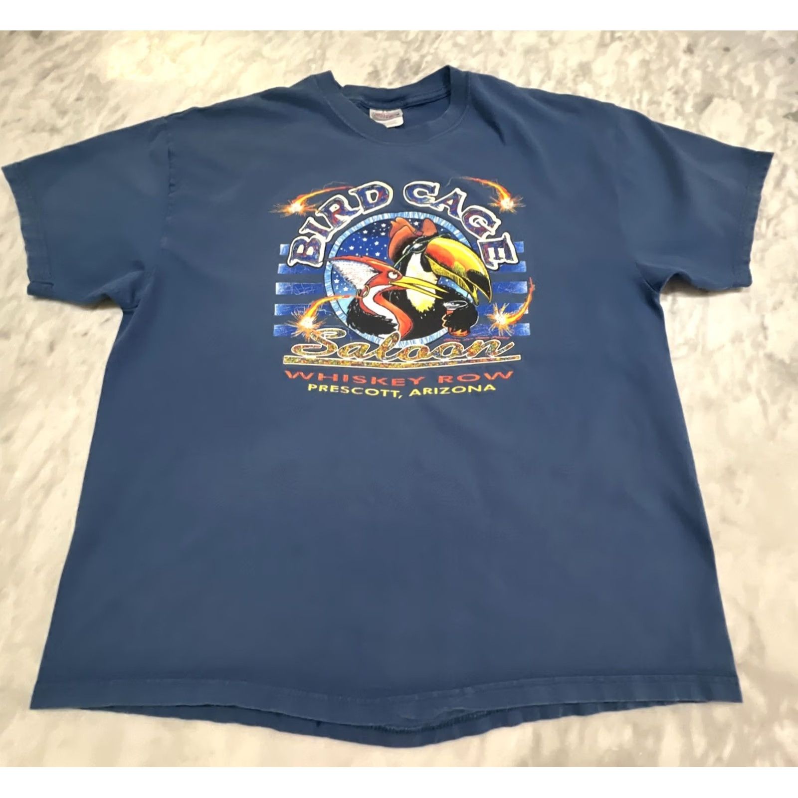 Hanes VINTAGE Hanes Bird Cage Saloon Shirt Men XL Crew Neck Short Sleeve Blue Cotton Graphic Print Bar Travel 90s Mens Size US XL / EU 56 / 4 - 3 Thumbnail