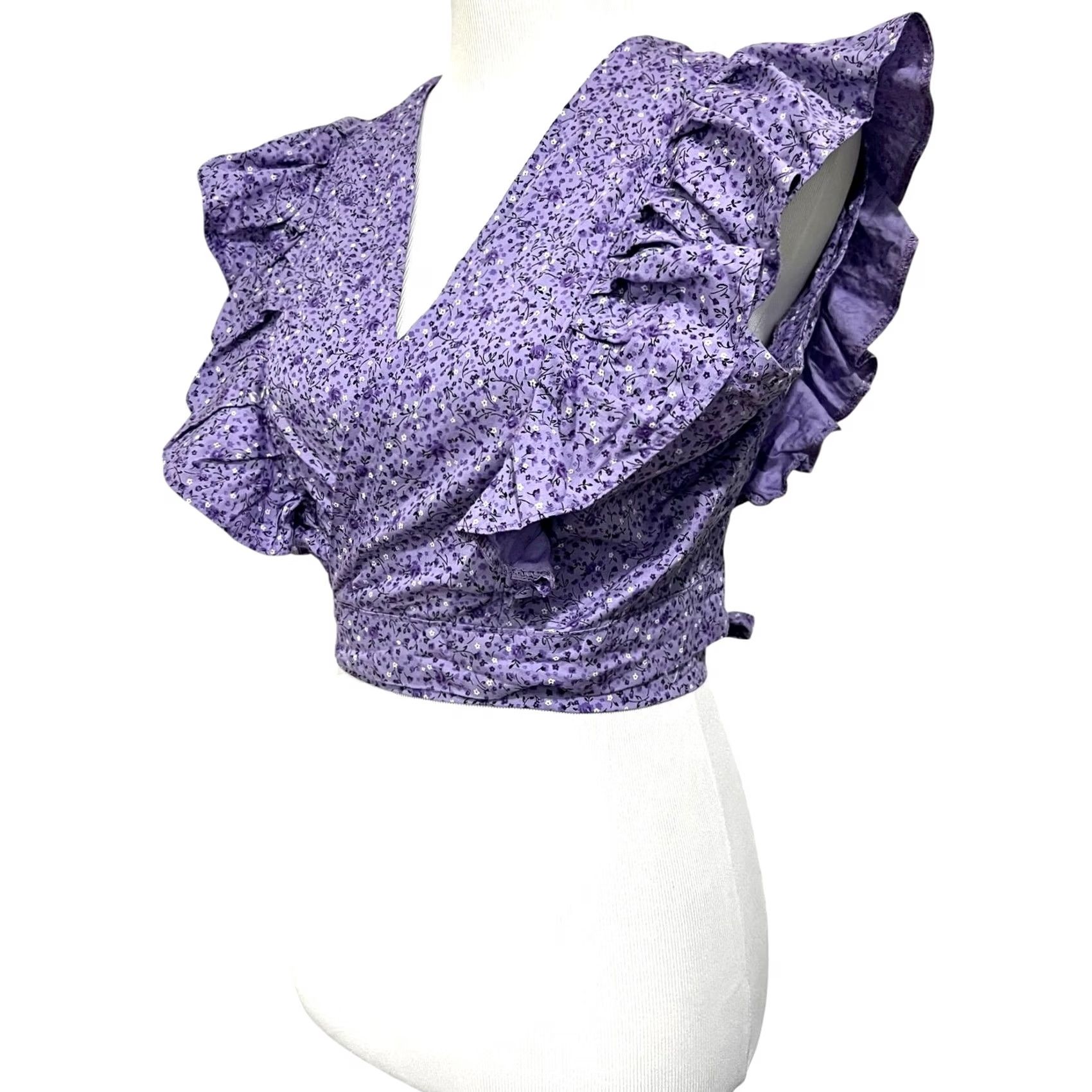 Vintage Purple Floral Crop Wrap Top T-Shirt Women's Medium Cotton Flutter Sleeve V-Neck Party/Casual Swinging Mexico 2020s Womens Size M / US 6-8 / IT 42-44 - 2 Thumbnail