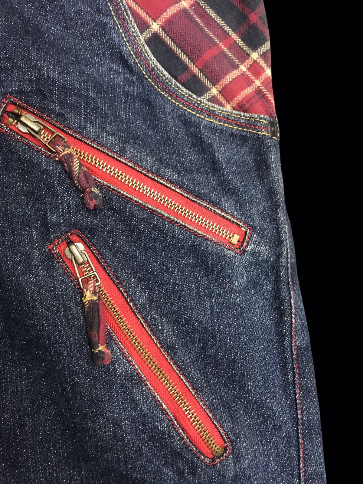 Japanese Brand 💥DENIM ART💥STONE HEAD Zipper Tartan Leg Denim F154 Size US 35 - 7 Thumbnail