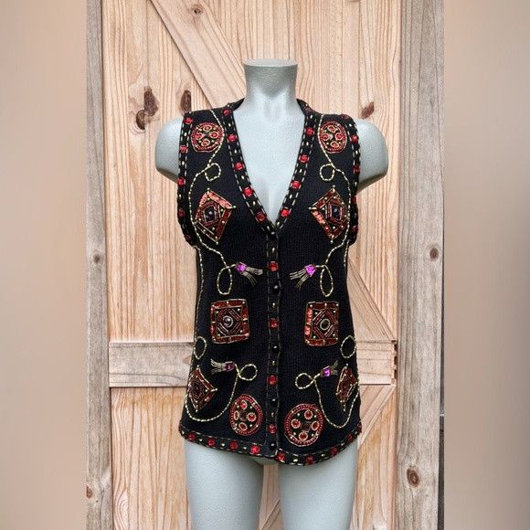 Other Vintage Black Beaded Sequin Holiday Christmas Sweater Vest Size S / US 4 / IT 40 - 1 Thumbnail