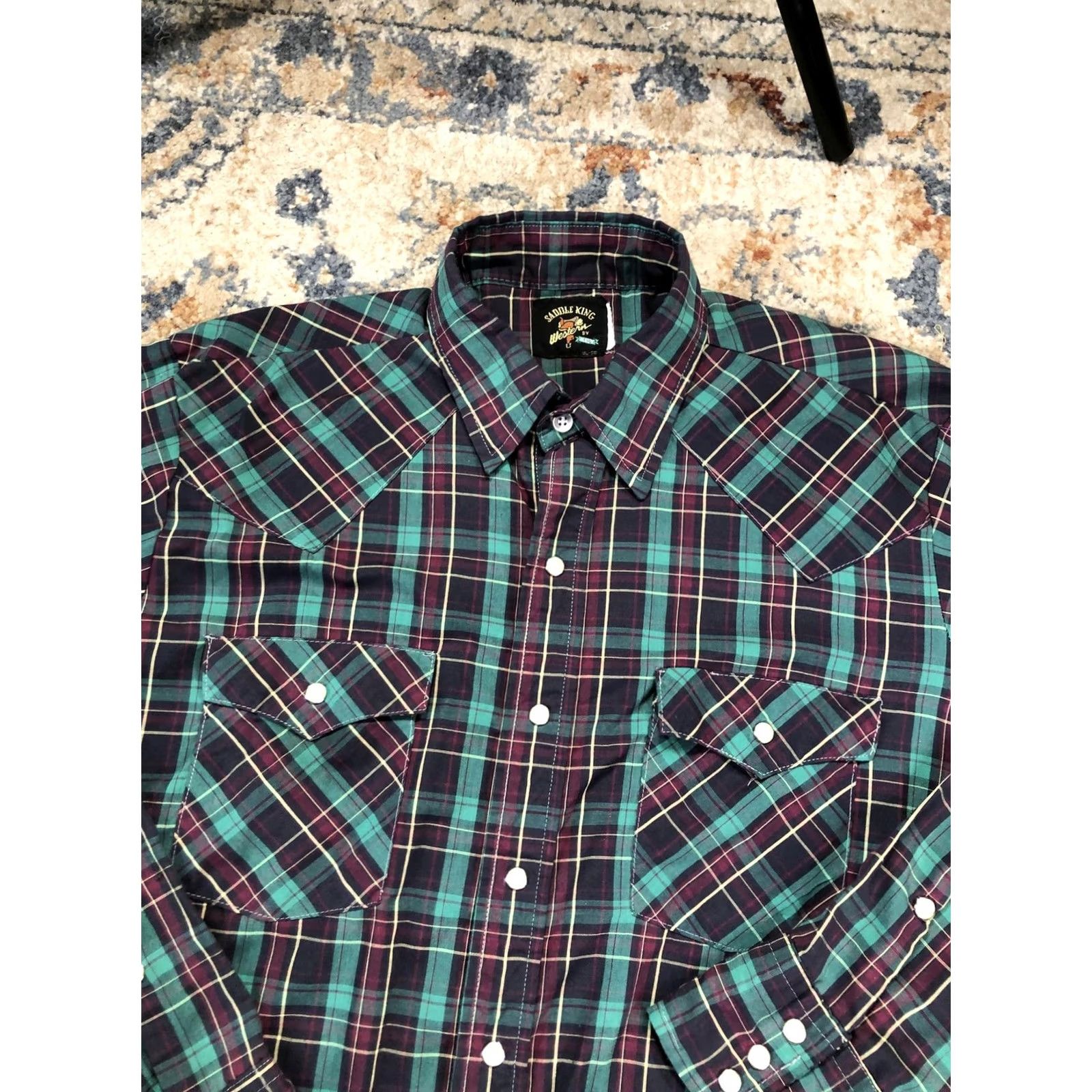 Vintage Saddle King Shirt Mens L Green Plaid Long Sleeve Western Pearl Snap Pockets Size US L / EU 52-54 / 3 - 6 Thumbnail