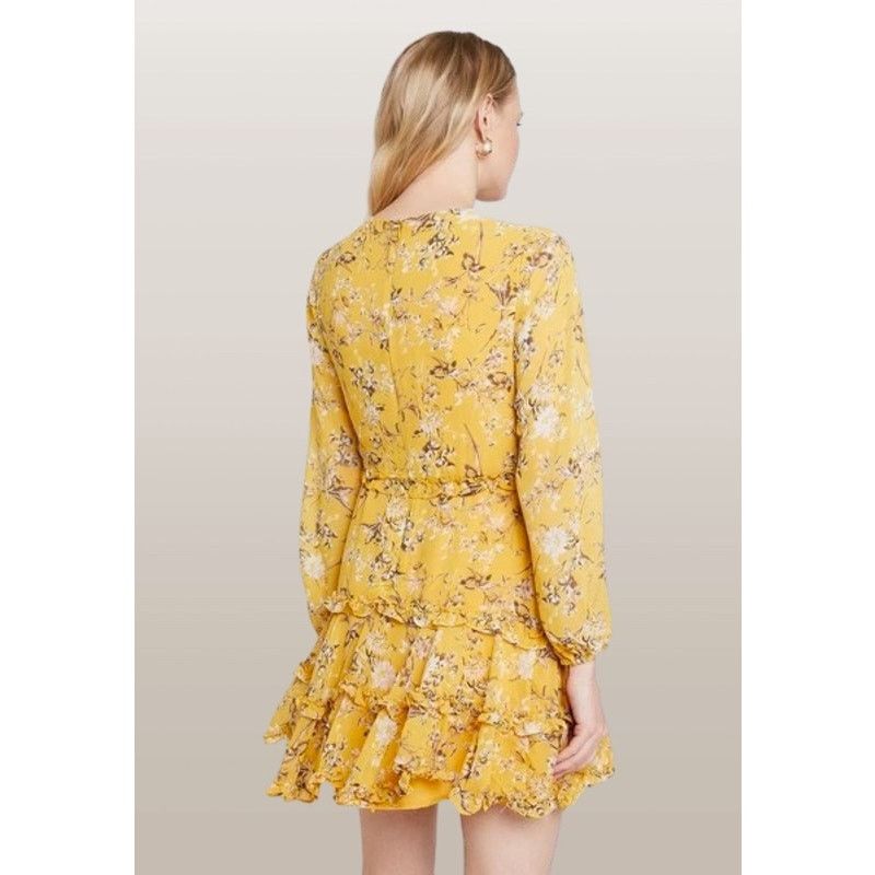 Anthropologie Bardot Yellow Floral Lace Up Ruffle Romantic Mini Dress SZ 8 Size M / US 6-8 / IT 42-44 - 3 Thumbnail