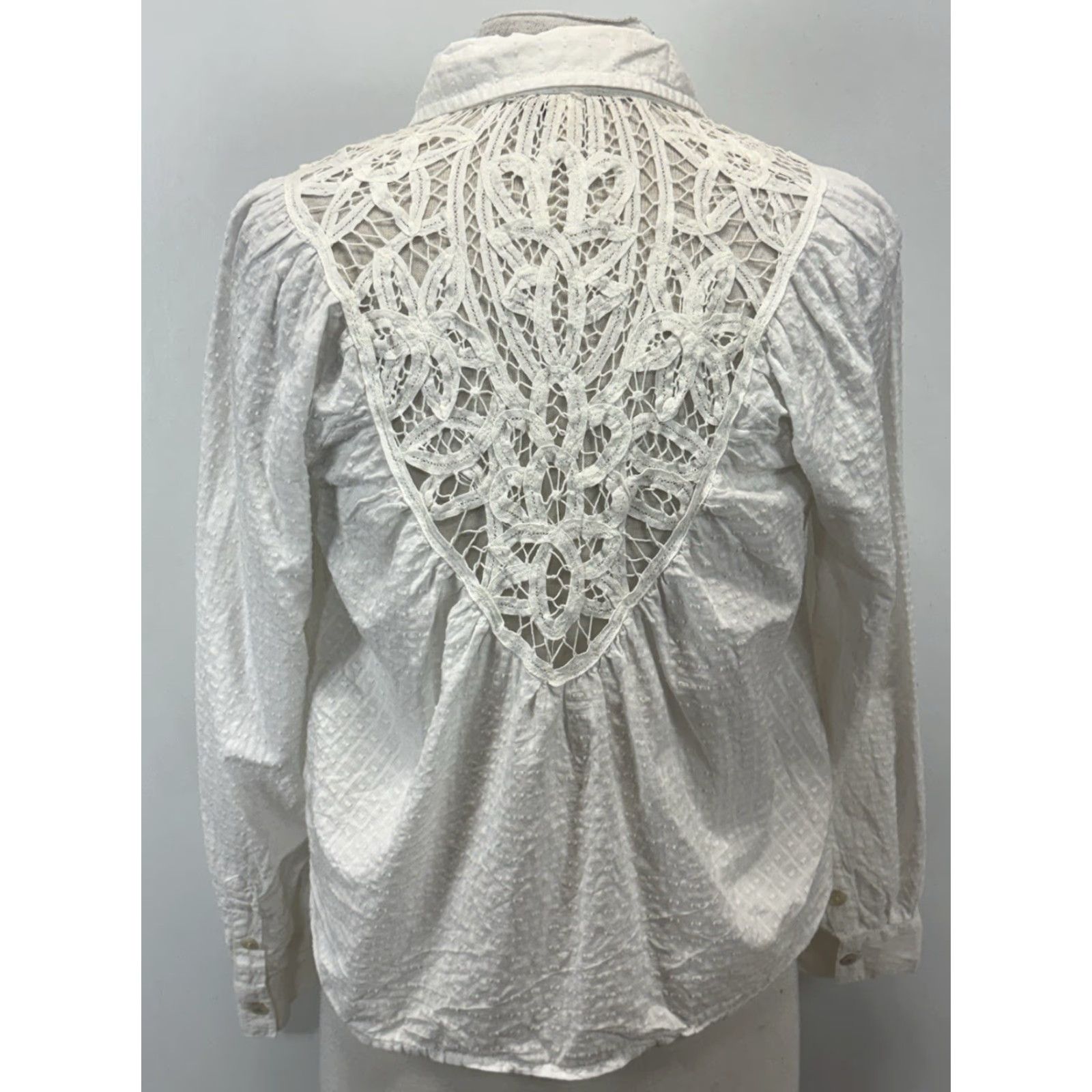 Vintage Pilcro Boho Button-Up Blouse Women's Small White Floral Lace Back Classic Fitted Sleeve Size S / US 4 / IT 40 - 3 Thumbnail