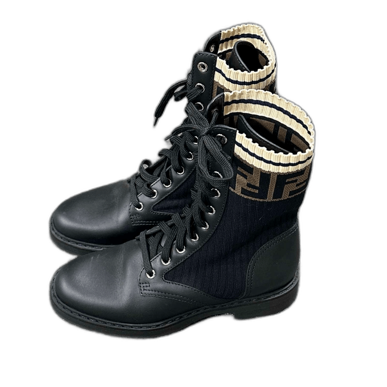 Fendi Fendi Black Knitted Lace-Up Ankle Boots Size US 4 / IT 34 - 1 Thumbnail