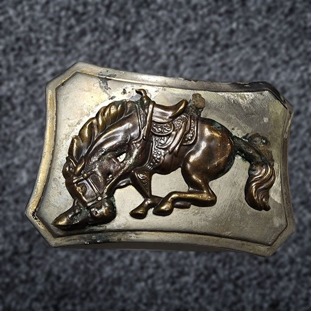 Vintage VINTAGE Nickel Silvertone & Bronze Western Saddle Bucking Bronco Belt Buckle Size ONE SIZE - 1 Thumbnail
