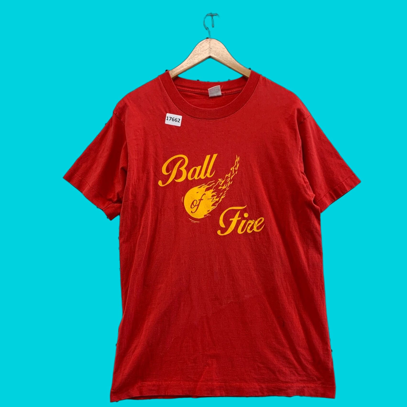Fruit Of The Loom VINTAGE Ball Of Fire Red Shirt Cotton T-Shirt Mens 90s Stitch Crew Neck Short Sleeve Fruit of the Loom 20X29 90s Theme Size US L / EU 52-54 / 3 - 1 Thumbnail